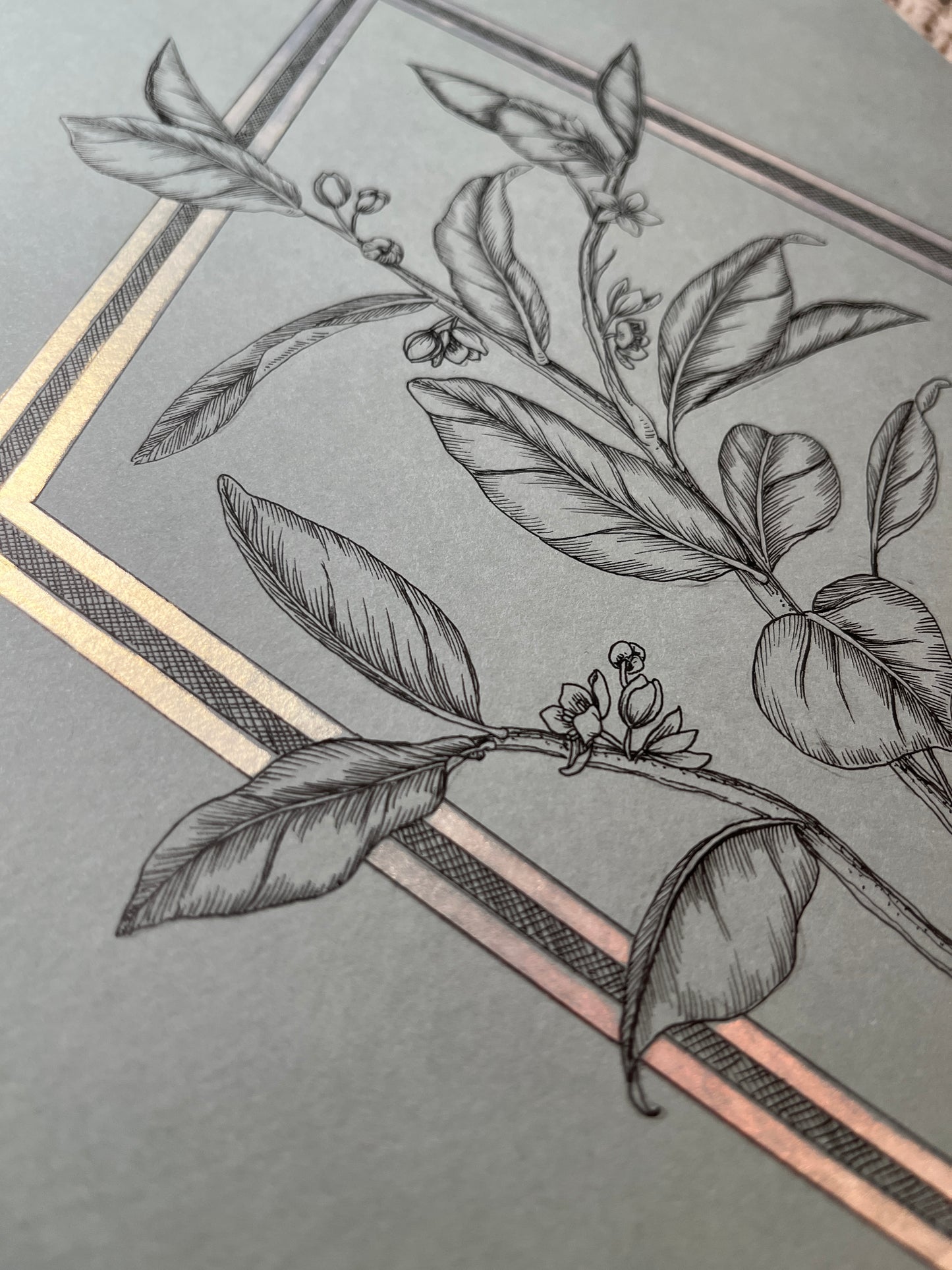 Art - Leafy Art Deco Drawing with Metallic Frame - Original Ink Drawing