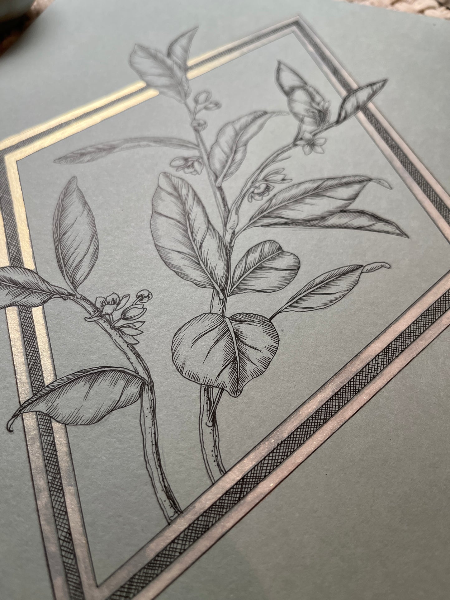 Art - Leafy Art Deco Drawing with Metallic Frame - Original Ink Drawing