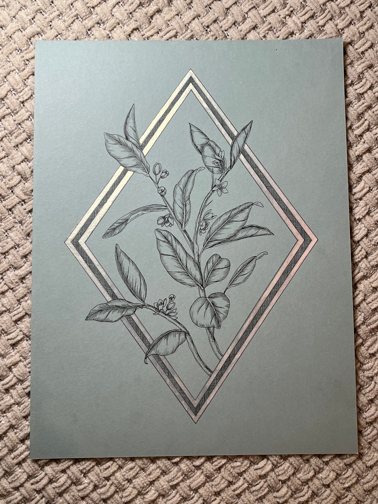 Art - Leafy Art Deco Drawing with Metallic Frame - Original Ink Drawing