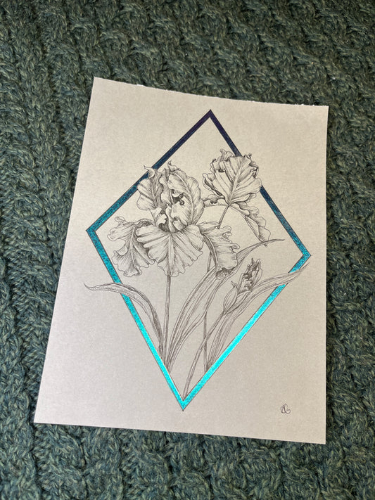 Art - Iris with Metallic Details - Original Ink Drawing